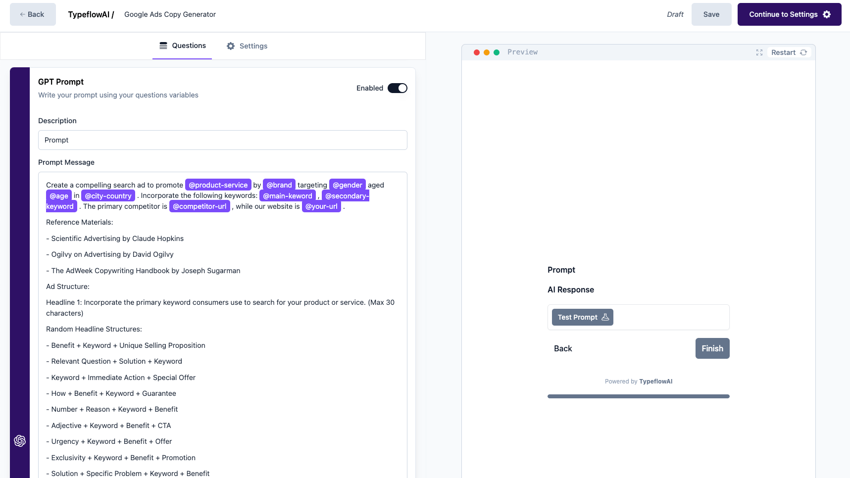 Implement and configure prompt for workflow